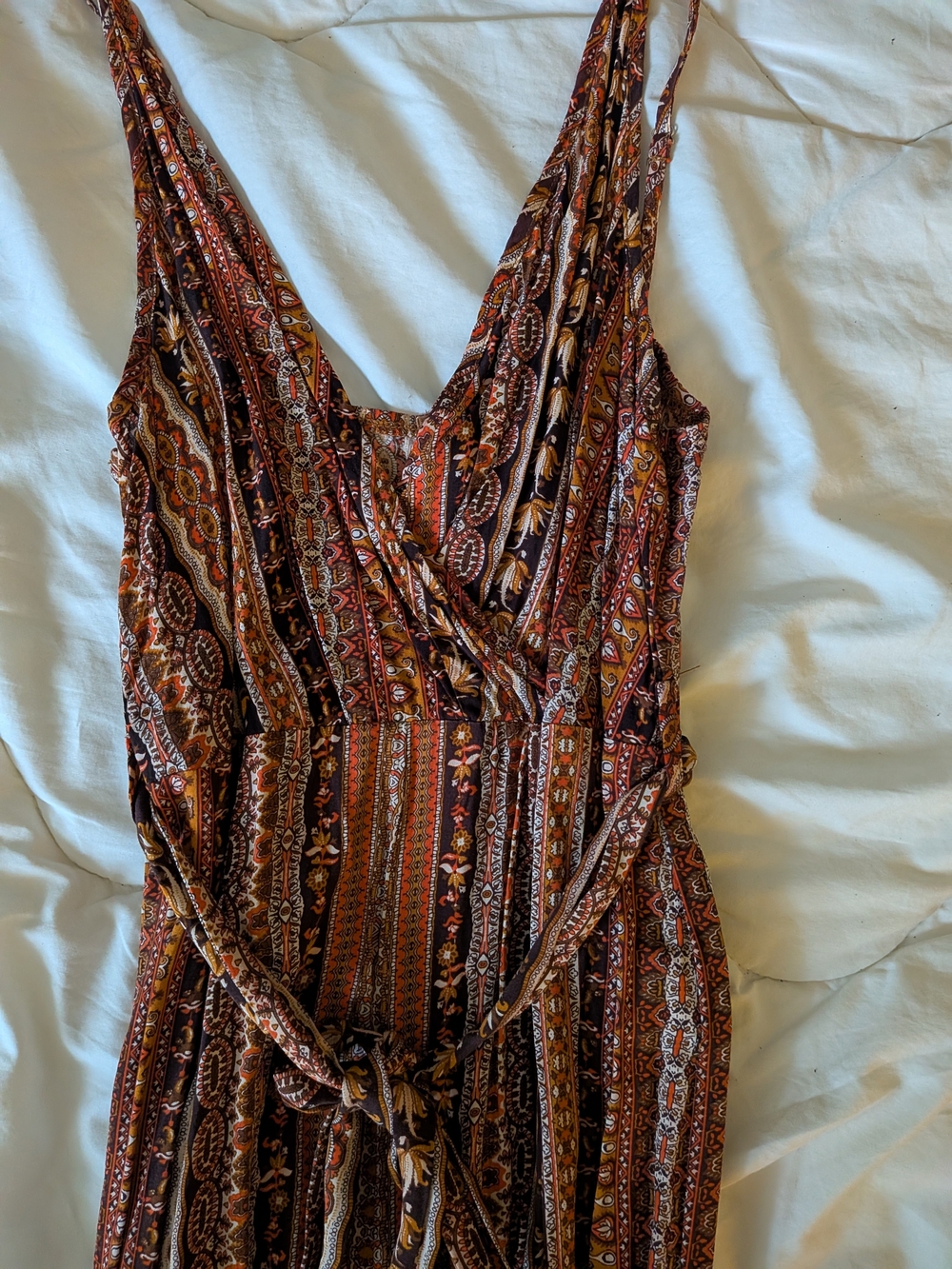 Boho Printed Faux Wrap Jumpsuit in Rust and Brown